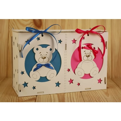 Коробка для денег На новорожденных с мишками (27,5*12,5*19) МДФ 3мм, окрашен., оформл., Розовый-го