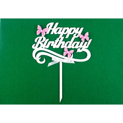 Топпер Happy Birthday! с бабочками (шир.14см;выс.18,5см) МДФ-3мм, окрашен., оформл., Белый-розовый, 1 шт.