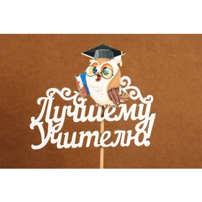 Топпер Лучшему учителю! с совой (10*29) МДФ 3мм, УФ печать, окраш., оформл., Белый, Уп-10 шт.
