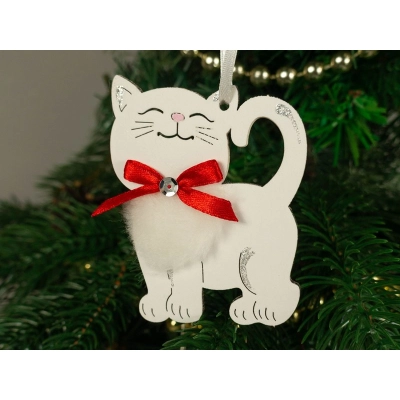 Ёлочное украшение Котик (7*9) МДФ, окрашен., оформл., Белый-красный, 1 шт.