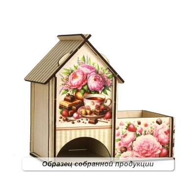 Чайный домик с конфетницей Пионы (18*10*16,5) Фанера, неокраш., УФ печать, 1шт. БЕЗ СБОРКИ