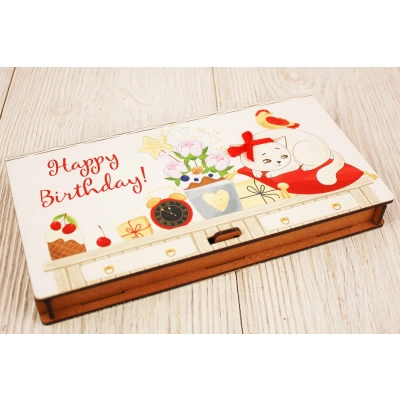 Купюрница Happy Birthday! с киской (19*10,5*2,8) МДФ 3мм, УФ печать, окраш. морилкой, оформл., Орех, 1 шт.