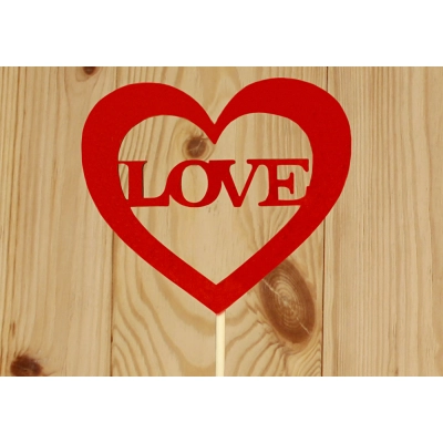 Топпер Love в сердце (10*30) МДФ 3мм, окрашен. на шпажке, Красный, Уп-10 шт.