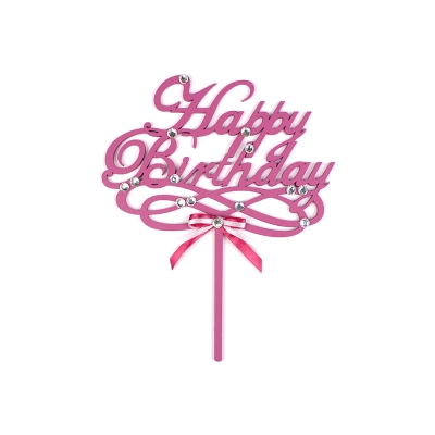 Надпись в торт Happy Birthday!(шир.15см;выс.14см) МДФ 3мм, окрашен., оформл., Малиновый-белый, 1шт.