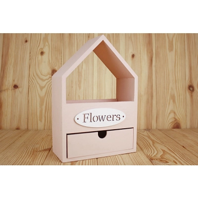 Подарочный ящик-домик с ящичком Flowers (20,5*10*30,5) Дерево, МДФ 3мм, окрашен., оформл., Пудровый-белый, 1 шт.