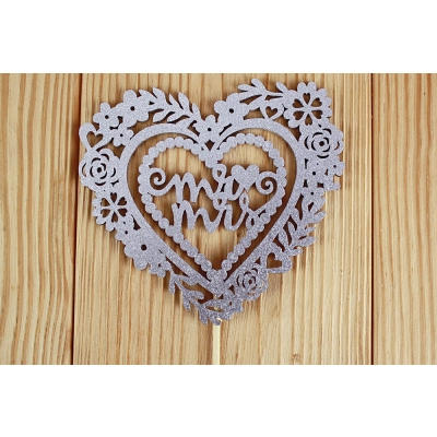 Топпер Mr&Mrs в сердце (10,5*30) МДФ 3мм, окрашен. на шпажке, Серебро, Уп-10 шт.