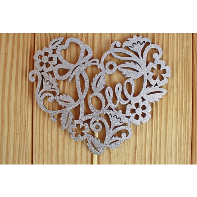 Топпер Love в сердце из цветов (11,2*30) МДФ 3мм, окрашен. на шпажке, Серебро, Уп-10 шт.