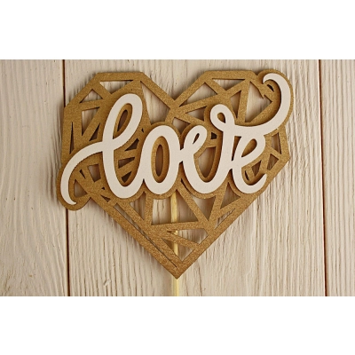 Топпер Love на сердце геометрическом (12,2*30) МДФ 3мм, окрашен., оформл., на шпажке, Золото-белый, 1 шт.