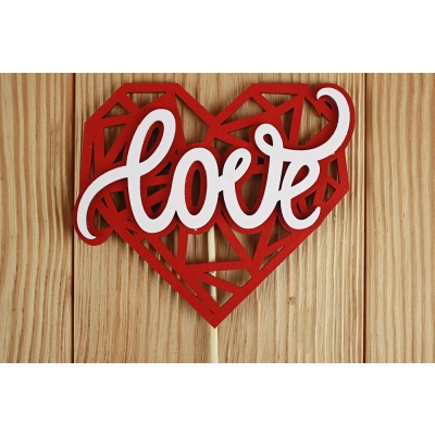 Топпер Love на сердце геометрическом (12,2*30) МДФ 3мм, окрашен., оформл., на шпажке, Красный-белый, 1 шт.
