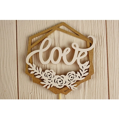 Топпер Love в рамке с цветами №2 (11,5*30) МДФ 3мм, окрашен., оформл., на шпажке, Золото-белый, Уп-10 шт.