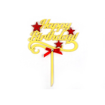 Топпер Happy Birthday! со звёздочками (шир.14см;выс.18,5см) МДФ-3мм, окрашен., оформл., Желтый-красный, 1 шт.