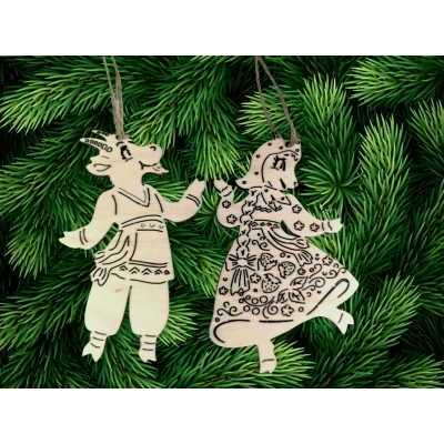 Ёлочные игрушки-раскраски Козочка с козликом (7*11 см) Фанера, неокраш., Набор 2 шт.