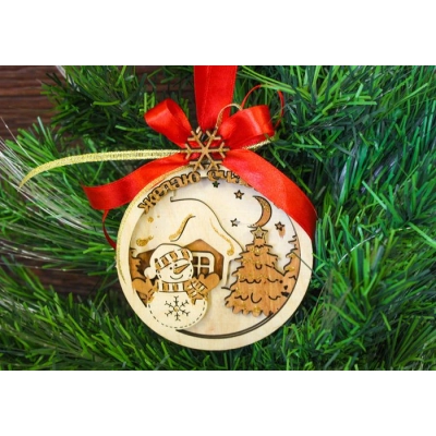 Ёлочное украшение объёмное.Шар Желаю счастья! со снеговиком (9*11) Фанера 3мм, окрашен. морилкой, оформл., Дуб-красный, 1 шт.