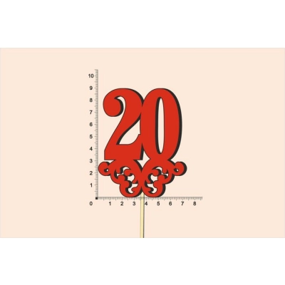 Топпер юбилейный 20 с вензелем, на палочке (шир.7см;выс.9см) МДФ 3мм, окраш., красный