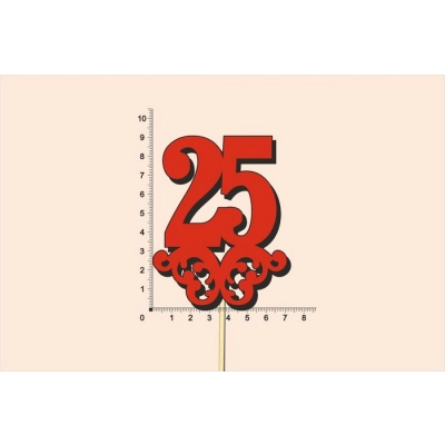 Топпер юбилейный 25 с вензелем, на палочке (шир.7см;выс.9см) МДФ 3мм, окраш., красный