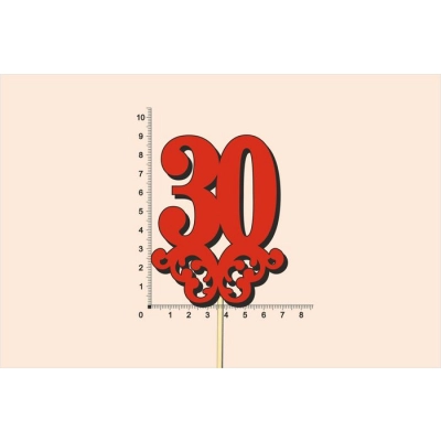 Топпер юбилейный 30 с вензелем, на палочке (шир.7см;выс.9см) МДФ 3мм, окраш., красный
