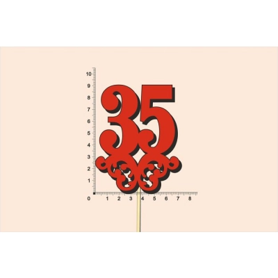 Топпер юбилейный 35 с вензелем, на палочке (шир.7см;выс.9см) МДФ 3мм, окраш., красный