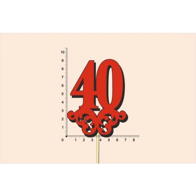 Топпер юбилейный 40 с вензелем, на палочке (шир.7см;выс.9см) МДФ 3мм, окраш., красный