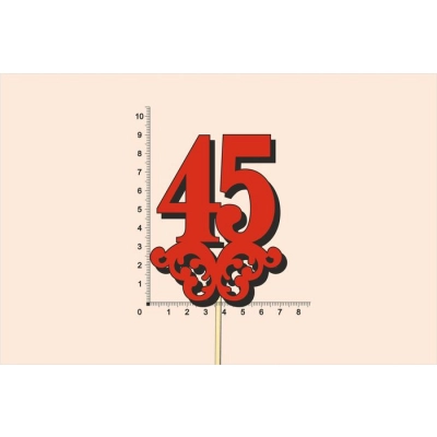 Топпер юбилейный 45 с вензелем, на палочке (шир.7см;выс.9см) МДФ 3мм, окраш., красный