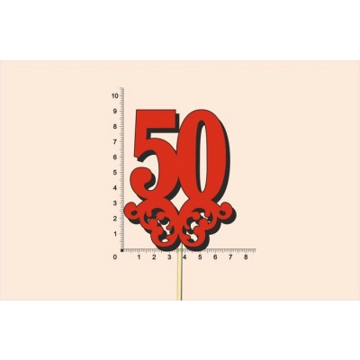 Топпер юбилейный 50 с вензелем, на палочке (шир.7см;выс.9см) МДФ 3мм, окраш., красный