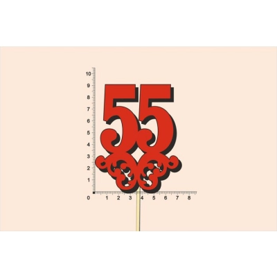 Топпер юбилейный 55 с вензелем, на палочке (шир.7см;выс.9см) МДФ 3мм, окраш., красный