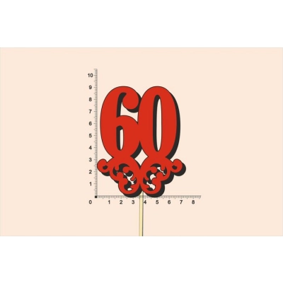 Топпер юбилейный 60 с вензелем, на палочке (шир.7см;выс.9см) МДФ 3мм, окраш., красный
