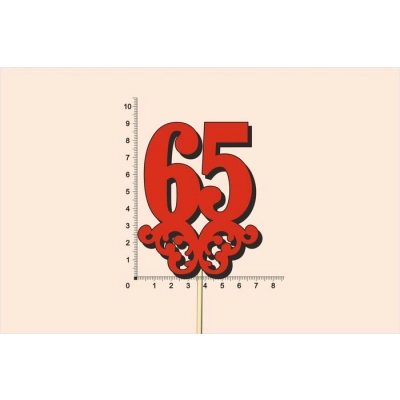 Топпер юбилейный 65 с вензелем, на палочке (шир.7см;выс.9см) МДФ 3мм, окраш., красный