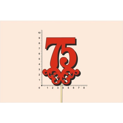Топпер юбилейный 75 с вензелем, на палочке (шир.7см;выс.9см) МДФ 3мм, окраш., красный
