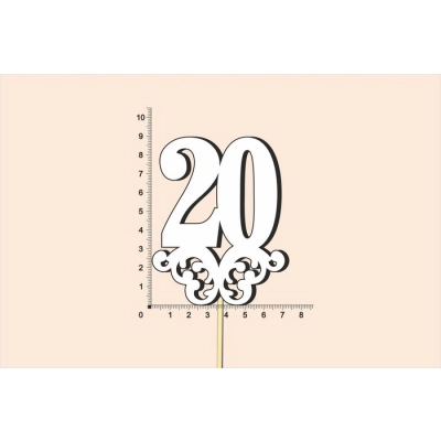 Топпер юбилейный 20 с вензелем, на палочке (шир.7см;выс.9см) МДФ, окраш., белый