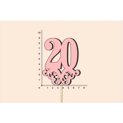 Топпер юбилейный 20 с вензелем, на палочке (шир.7см;выс.9см) МДФ, окраш., розовый
