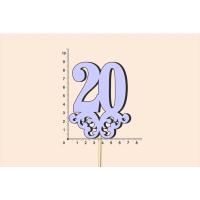 Топпер юбилейный 20 с вензелем, на палочке (шир.7см;выс.9см) МДФ, окраш., сиреневый