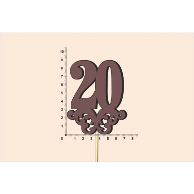 Топпер юбилейный 20 с вензелем, на палочке (шир.7см;выс.9см) МДФ, окраш., коричневый