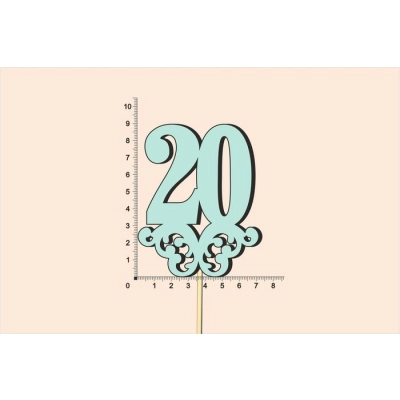 Топпер юбилейный 20 с вензелем, на палочке (шир.7см;выс.9см) МДФ, окраш., тиффани