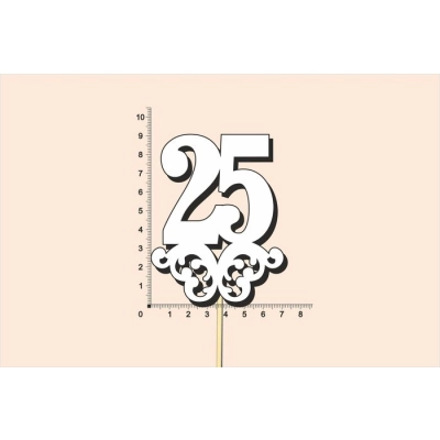 Топпер юбилейный 25 с вензелем, на палочке (шир.7см;выс.9см) МДФ, окраш., белый