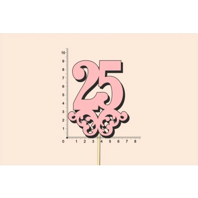 Топпер юбилейный 25 с вензелем, на палочке (шир.7см;выс.9см) МДФ, окраш., розовый
