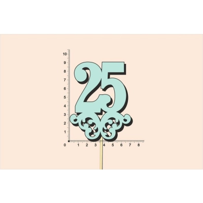 Топпер юбилейный 25 с вензелем, на палочке (шир.7см;выс.9см) МДФ, окраш., тиффани