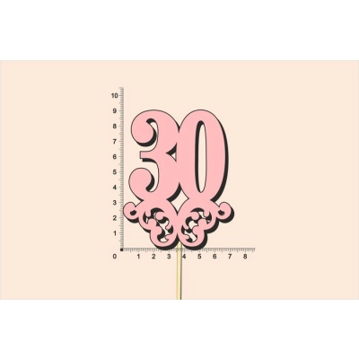 Топпер юбилейный 30 с вензелем, на палочке (шир.7см;выс.9см) МДФ, окраш., розовый