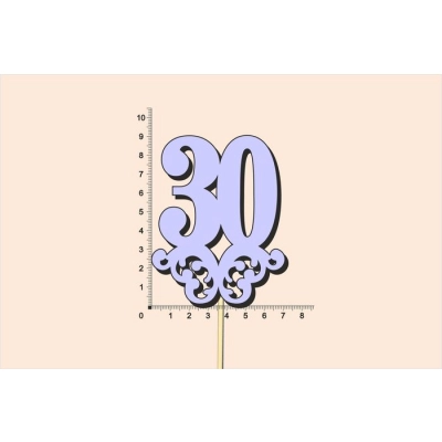 Топпер юбилейный 30 с вензелем, на палочке (шир.7см;выс.9см) МДФ, окраш., сиреневый