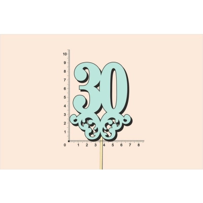 Топпер юбилейный 30 с вензелем, на палочке (шир.7см;выс.9см) МДФ, окраш., тиффани