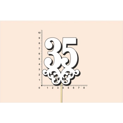 Топпер юбилейный 35 с вензелем, на палочке (шир.7см;выс.9см) МДФ, окраш., белый