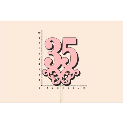 Топпер юбилейный 35 с вензелем, на палочке (шир.7см;выс.9см) МДФ, окраш., розовый