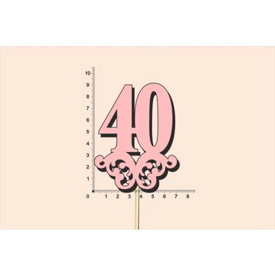 Топпер юбилейный 40 с вензелем, на палочке (шир.7см;выс.9см) МДФ, окраш., розовый