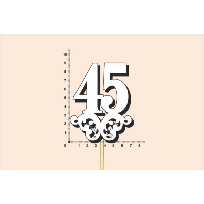 Топпер юбилейный 45 с вензелем, на палочке (шир.7см;выс.9см) МДФ, окраш., белый