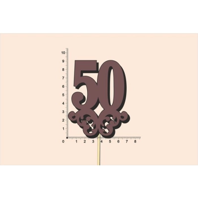 Топпер юбилейный 50 с вензелем, на палочке (шир.7см;выс.9см) МДФ, окраш., коричневый