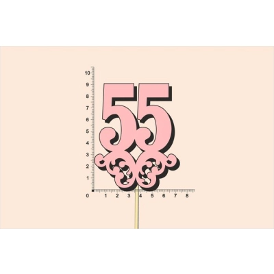 Топпер юбилейный 55 с вензелем, на палочке (шир.7см;выс.9см) МДФ, окраш., розовый