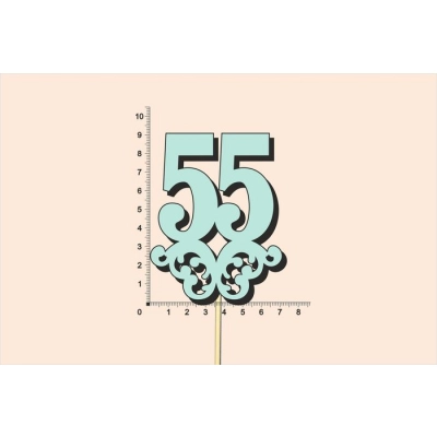 Топпер юбилейный 55 с вензелем, на палочке (шир.7см;выс.9см) МДФ, окраш., тиффани