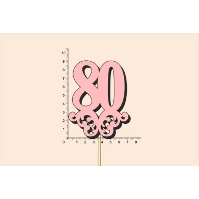 Топпер юбилейный 80 с вензелем, на палочке (шир.7см;выс.9см) МДФ, окраш., розовый