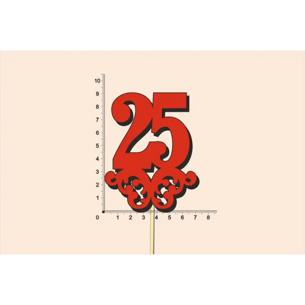 Топпер юбилейный "25" с вензелем, на палочке (шир.7см;выс.9см) МДФ 3мм, окраш., красный