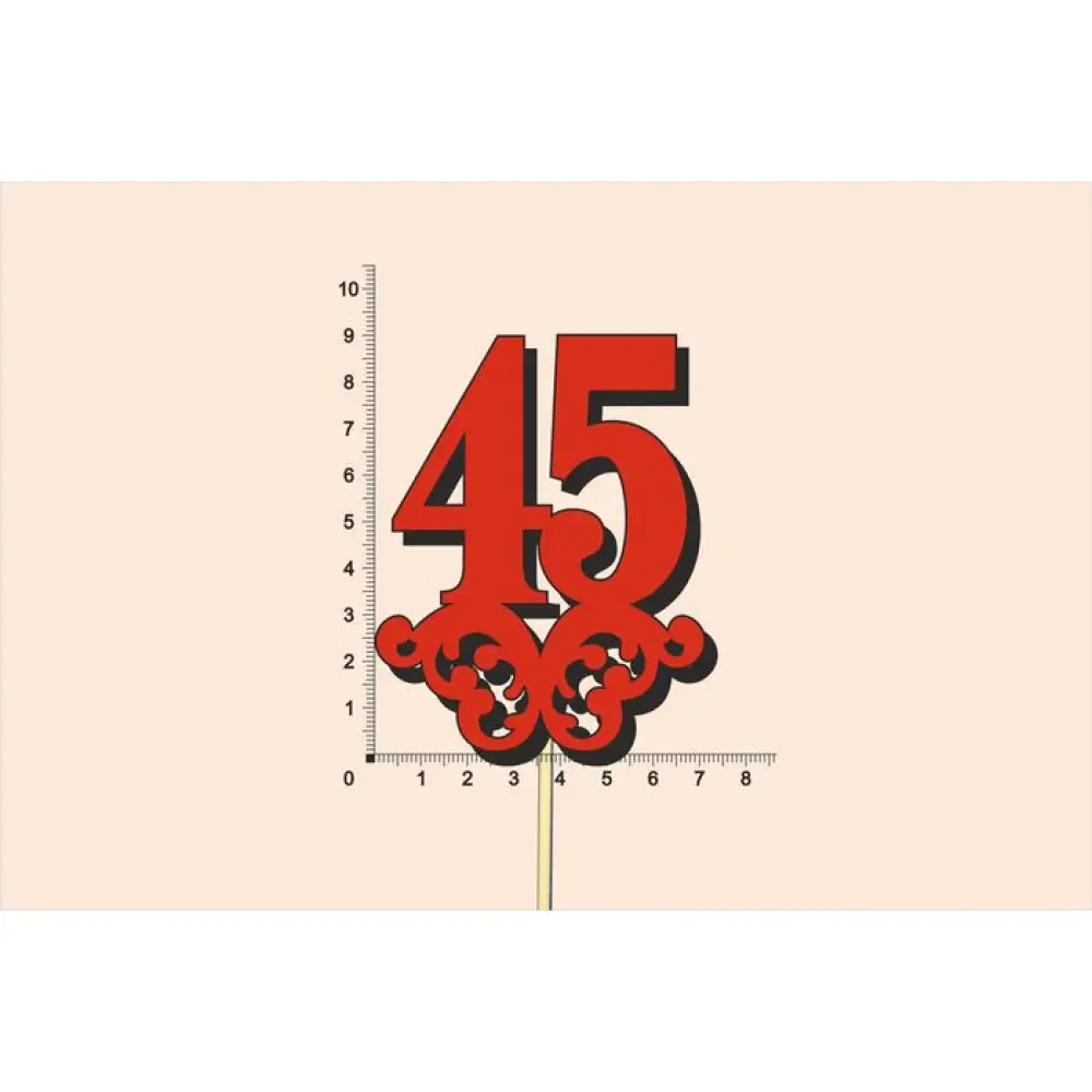 Топпер юбилейный "45" с вензелем, на палочке (шир.7см;выс.9см) МДФ 3мм, окраш., красный