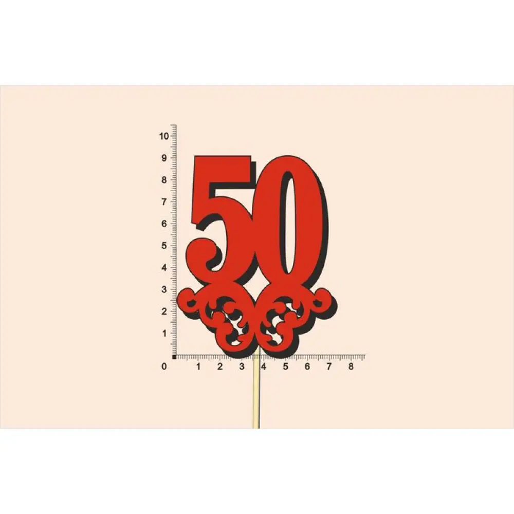 Топпер юбилейный "50" с вензелем, на палочке (шир.7см;выс.9см) МДФ 3мм, окраш., красный